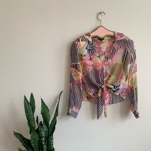 Escada 100% Silk Floral & Stripe Tie Up Top